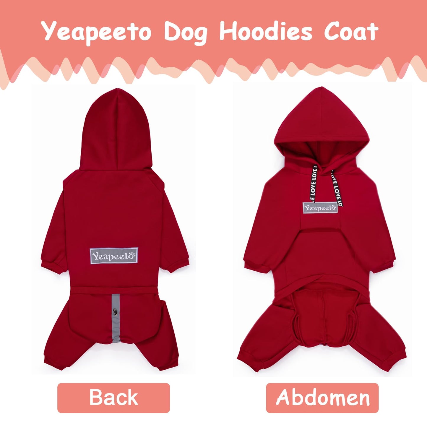Dog Hoodies Winter Coat for Large and Medium Dogs - Pullover 9 Legs Warm Coat with Hood for Cold Weather - Available in Red, Pink, and Grey