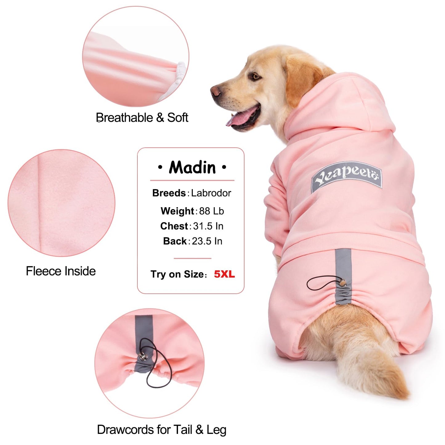 Dog Hoodies Winter Coat for Large and Medium Dogs - Pullover 9 Legs Warm Coat with Hood for Cold Weather - Available in Red, Pink, and Grey