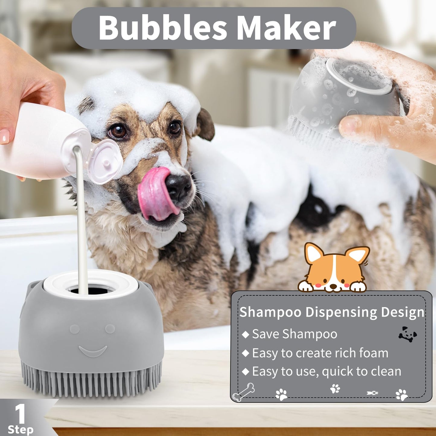 Comotech 3-in-1 Dog Grooming Brush | Adjustable Handle Shampoo Brush & Scrubber for Short & Long Haired Dogs & Cats (Blue, Pink)