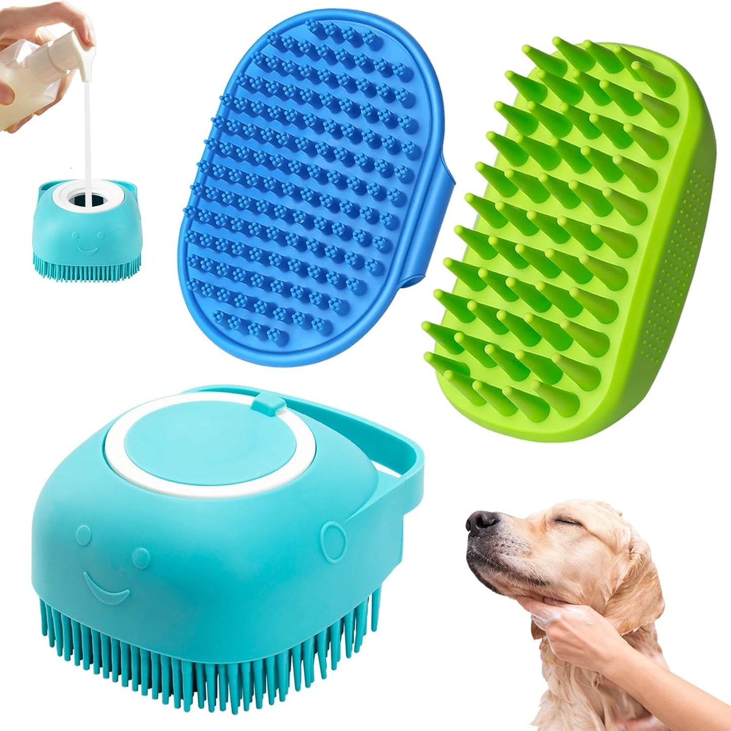 Comotech 3-in-1 Dog Grooming Brush | Adjustable Handle Shampoo Brush & Scrubber for Short & Long Haired Dogs & Cats (Blue, Pink)
