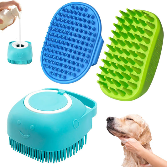 Comotech 3-in-1 Dog Grooming Brush | Adjustable Handle Shampoo Brush & Scrubber for Short & Long Haired Dogs & Cats (Blue, Pink)