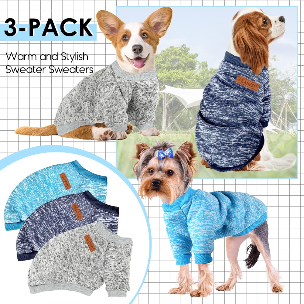 3 Pack Dog Sweaters for Small Dogs - Soft Fleece Winter Clothes for Pets (Navy Blue, Grey & Light Blue)