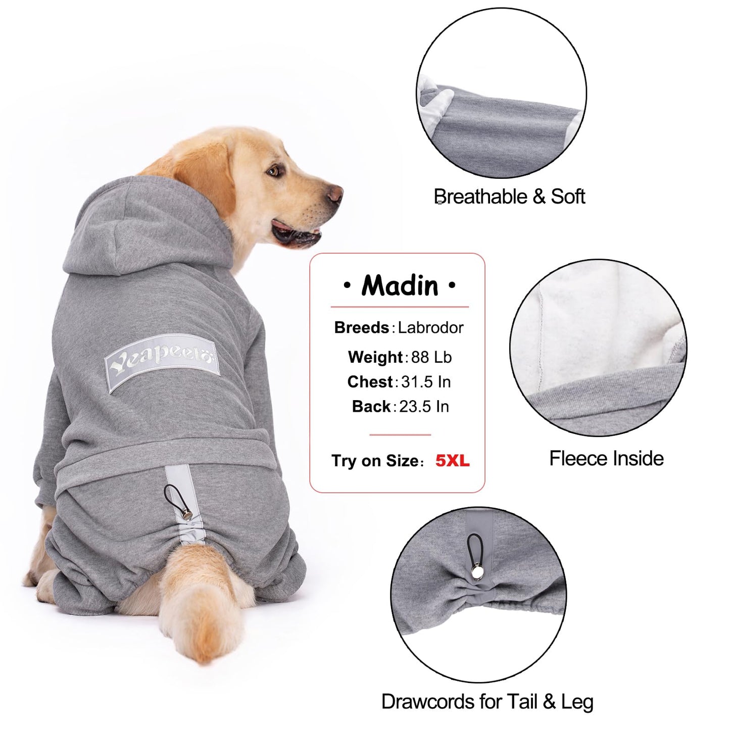 Dog Hoodies Winter Coat for Large and Medium Dogs - Pullover 9 Legs Warm Coat with Hood for Cold Weather - Available in Red, Pink, and Grey