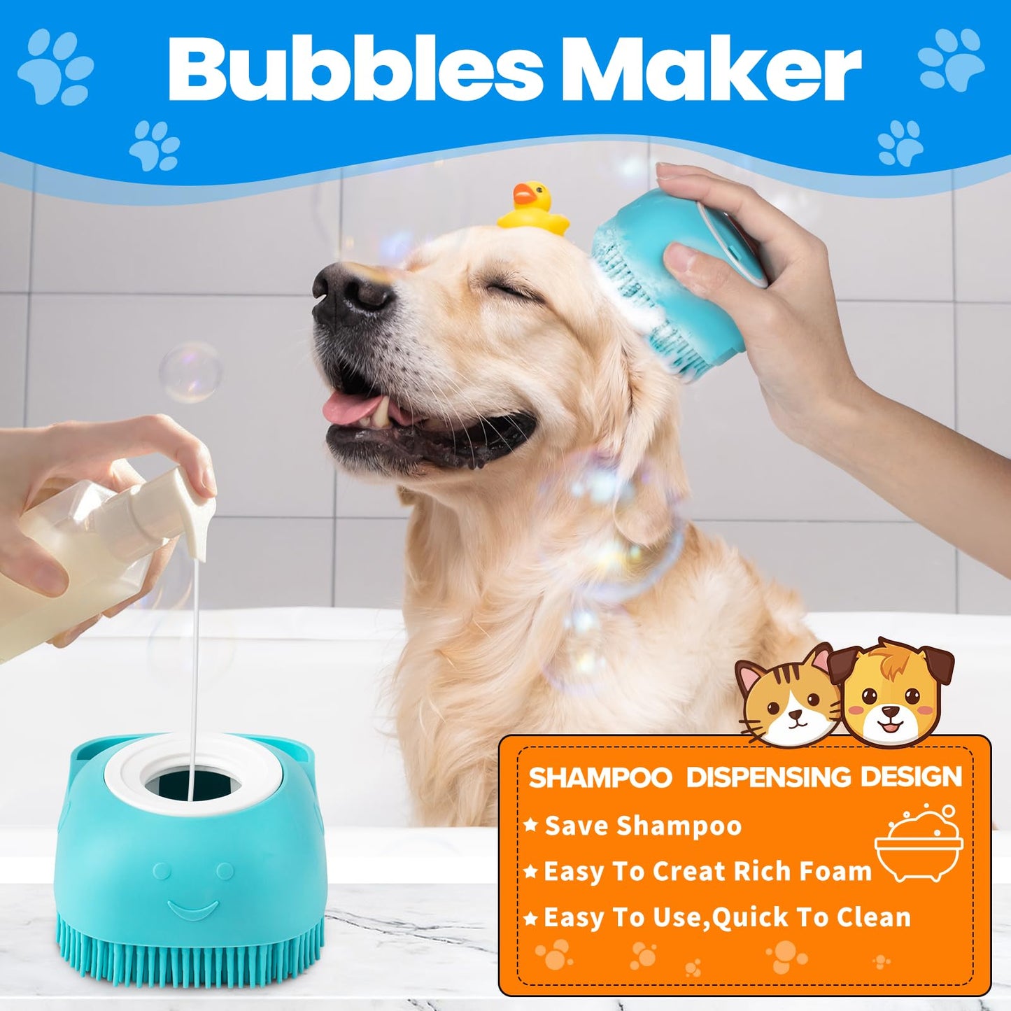 Comotech 3-in-1 Dog Grooming Brush | Adjustable Handle Shampoo Brush & Scrubber for Short & Long Haired Dogs & Cats (Blue, Pink)