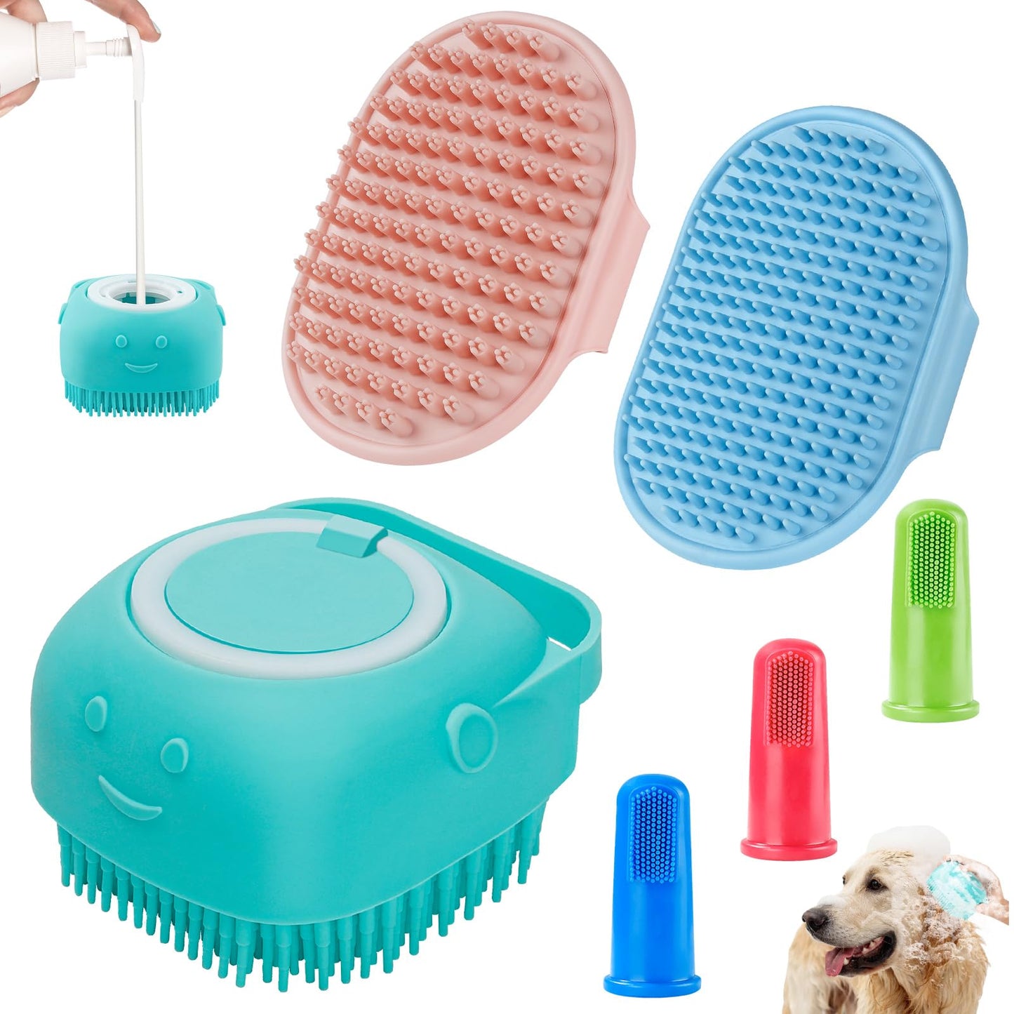 Comotech 3-in-1 Dog Grooming Brush | Adjustable Handle Shampoo Brush & Scrubber for Short & Long Haired Dogs & Cats (Blue, Pink)
