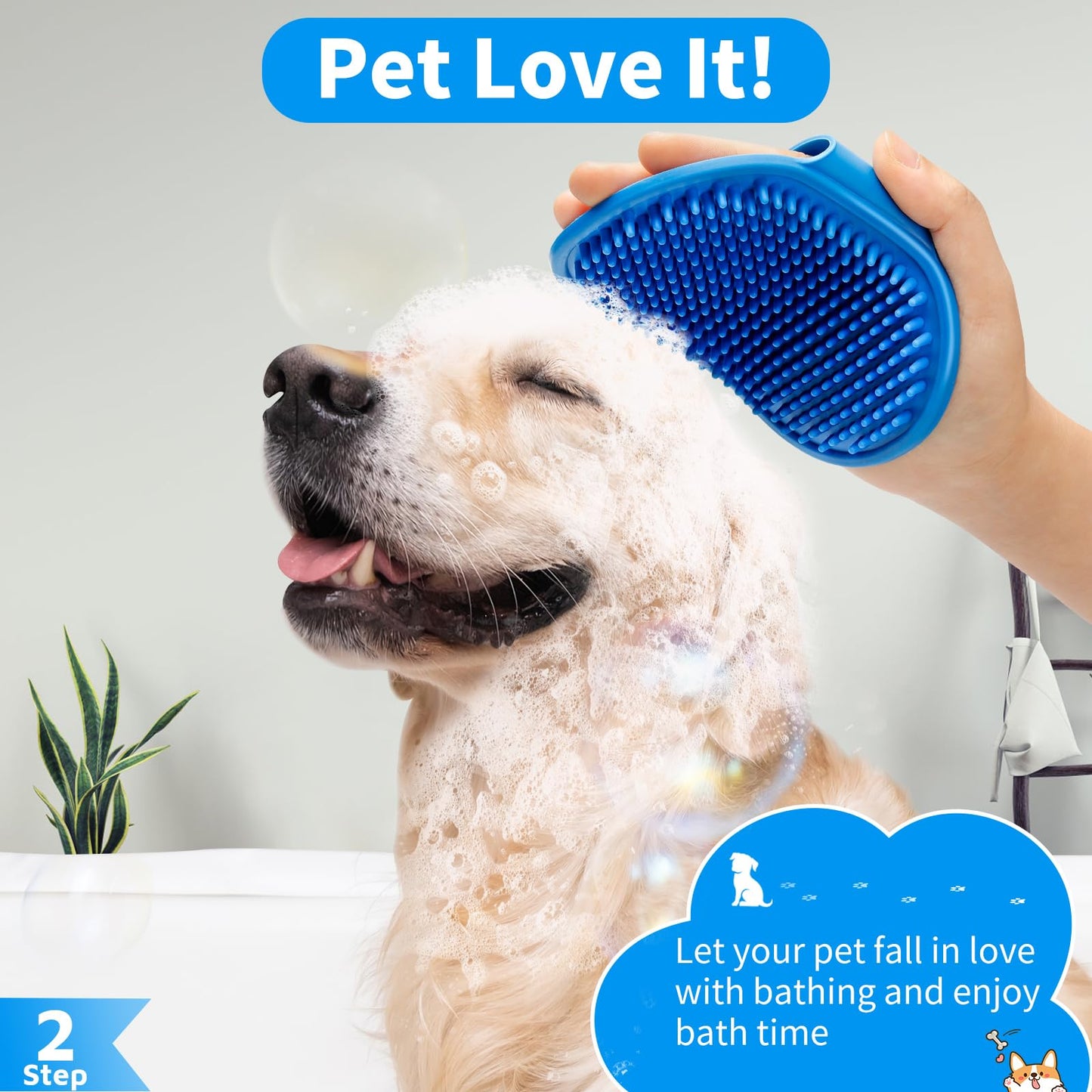 Comotech 3-in-1 Dog Grooming Brush | Adjustable Handle Shampoo Brush & Scrubber for Short & Long Haired Dogs & Cats (Blue, Pink)