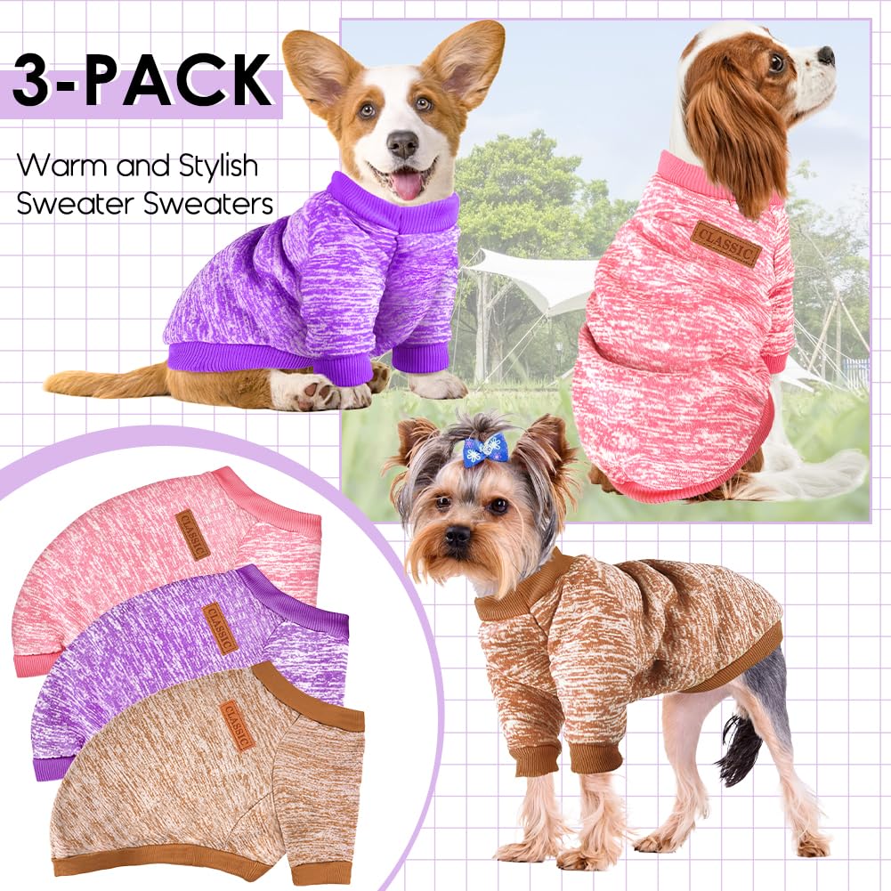 3 Pack Dog Sweaters for Small Dogs - Soft Fleece Winter Clothes for Pets (Navy Blue, Grey & Light Blue)