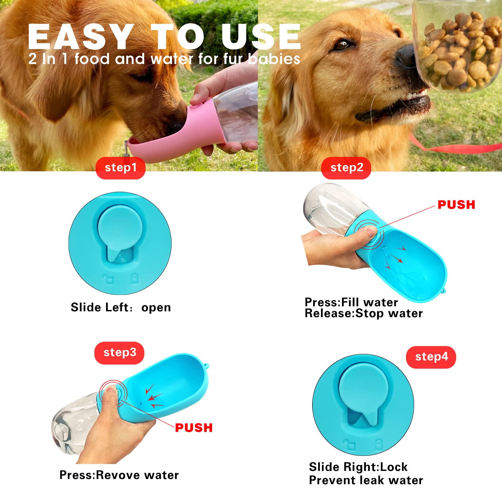 Portable Dog Water Bottle with Food Container | Outdoor Water Dispenser for Dogs, Cats, & Small Pets | 10oz
