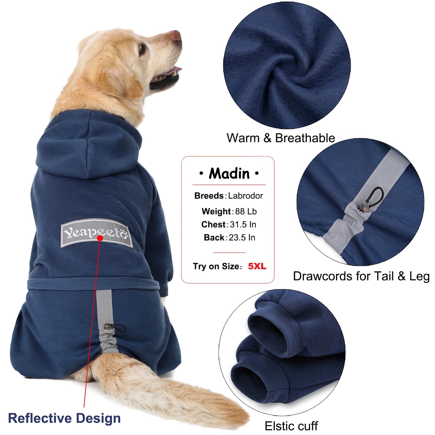 Dog Hoodies Winter Coat for Large and Medium Dogs - Pullover 9 Legs Warm Coat with Hood for Cold Weather - Available in Red, Pink, and Grey