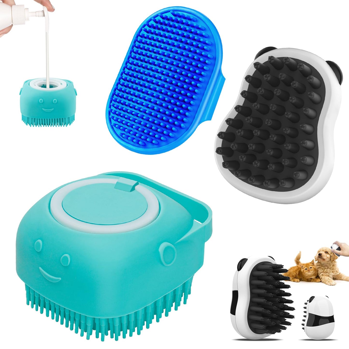 Comotech 3-in-1 Dog Grooming Brush | Adjustable Handle Shampoo Brush & Scrubber for Short & Long Haired Dogs & Cats (Blue, Pink)