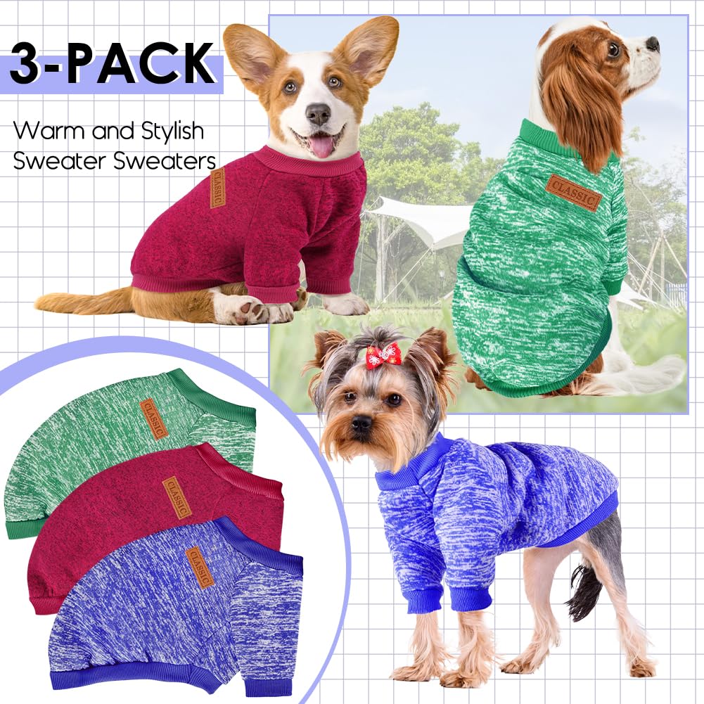 3 Pack Dog Sweaters for Small Dogs - Soft Fleece Winter Clothes for Pets (Navy Blue, Grey & Light Blue)