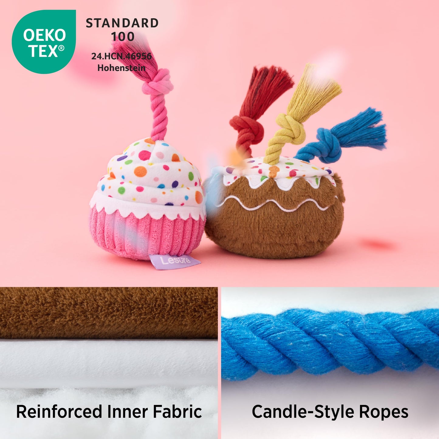 LE SURE Dog Birthday Cake Toy — Cute Squeaky Interactive Toy for Gentle Chewers with Tug Rope (Standard & Extra Small)