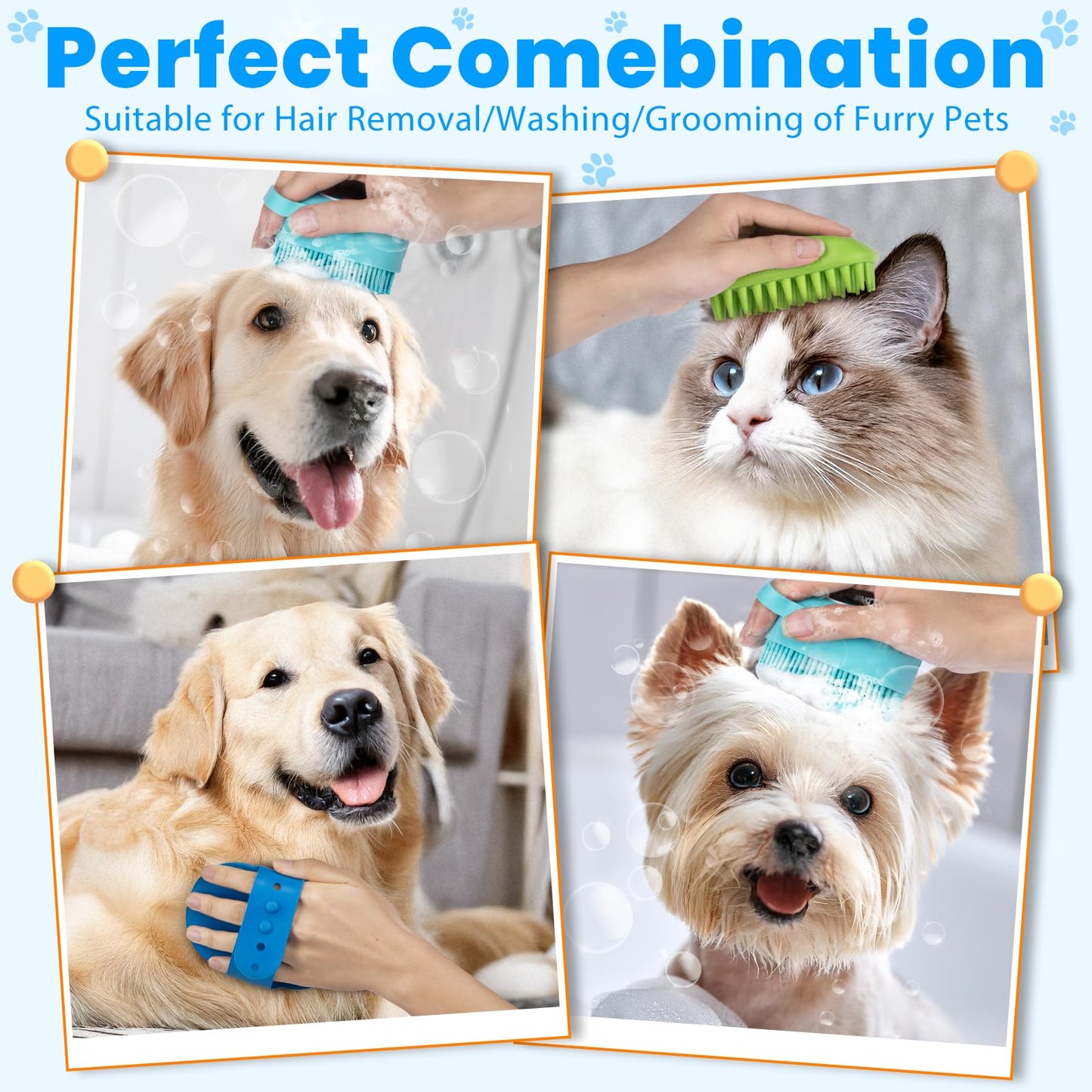Comotech 3-in-1 Dog Grooming Brush | Adjustable Handle Shampoo Brush & Scrubber for Short & Long Haired Dogs & Cats (Blue, Pink)