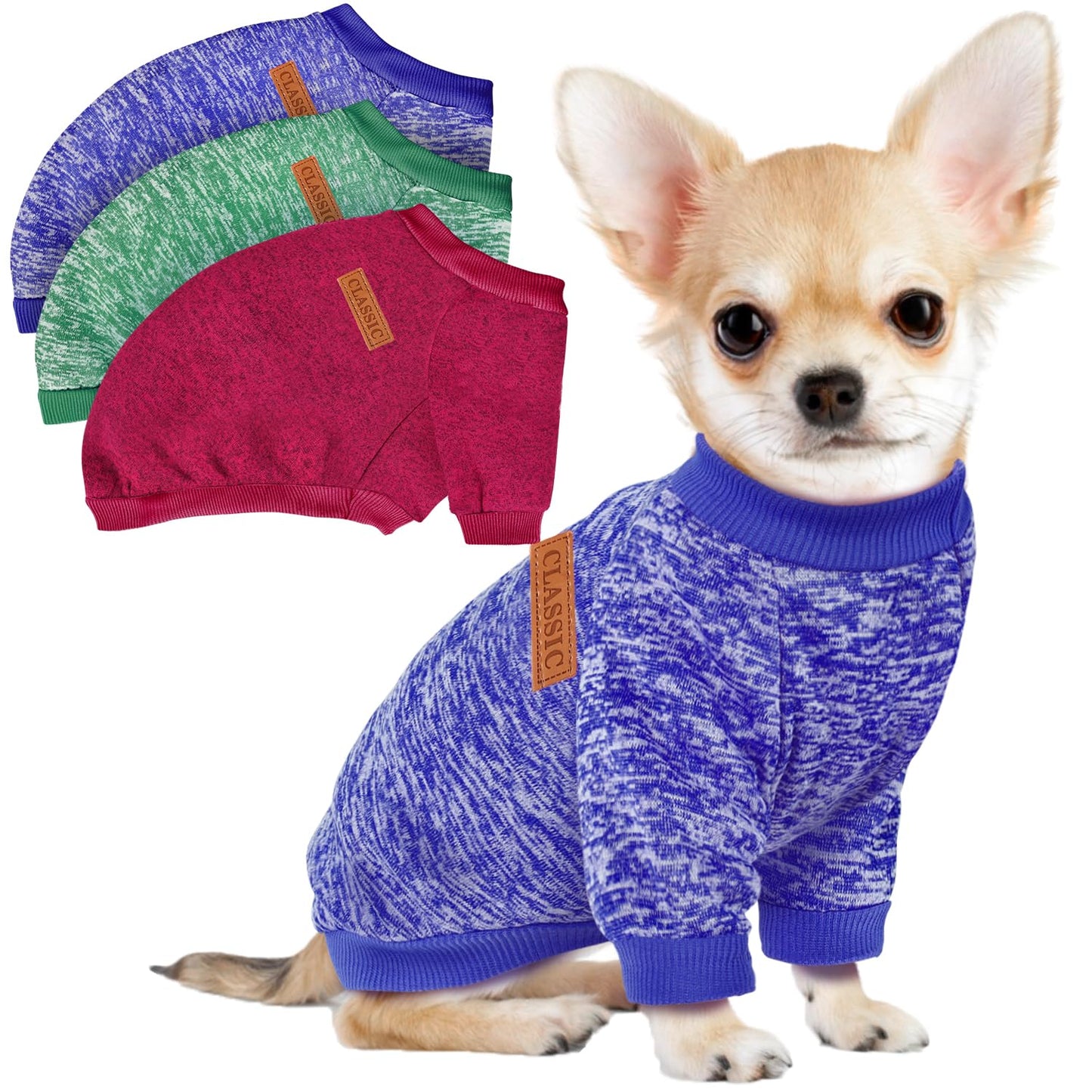 3 Pack Dog Sweaters for Small Dogs - Soft Fleece Winter Clothes for Pets (Navy Blue, Grey & Light Blue)