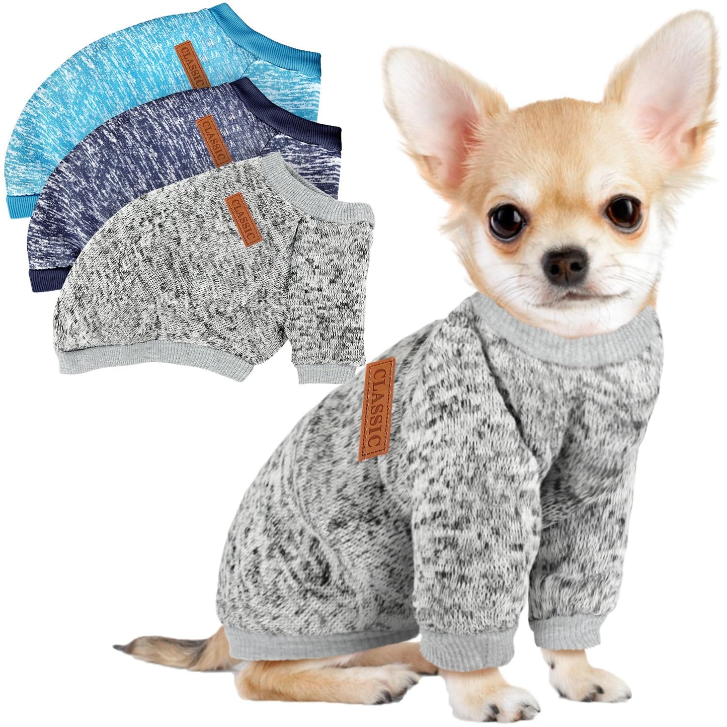 3 Pack Dog Sweaters for Small Dogs - Soft Fleece Winter Clothes for Pets (Navy Blue, Grey & Light Blue)