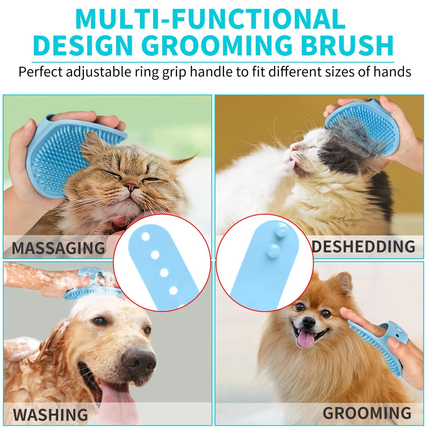 Comotech 3-in-1 Dog Grooming Brush | Adjustable Handle Shampoo Brush & Scrubber for Short & Long Haired Dogs & Cats (Blue, Pink)
