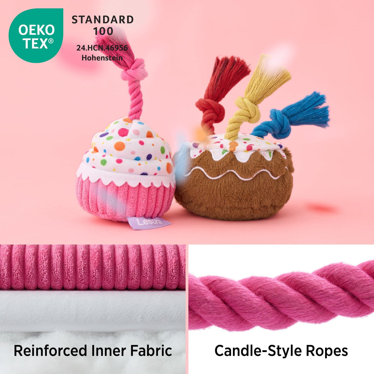 LE SURE Dog Birthday Cake Toy — Cute Squeaky Interactive Toy for Gentle Chewers with Tug Rope (Standard & Extra Small)