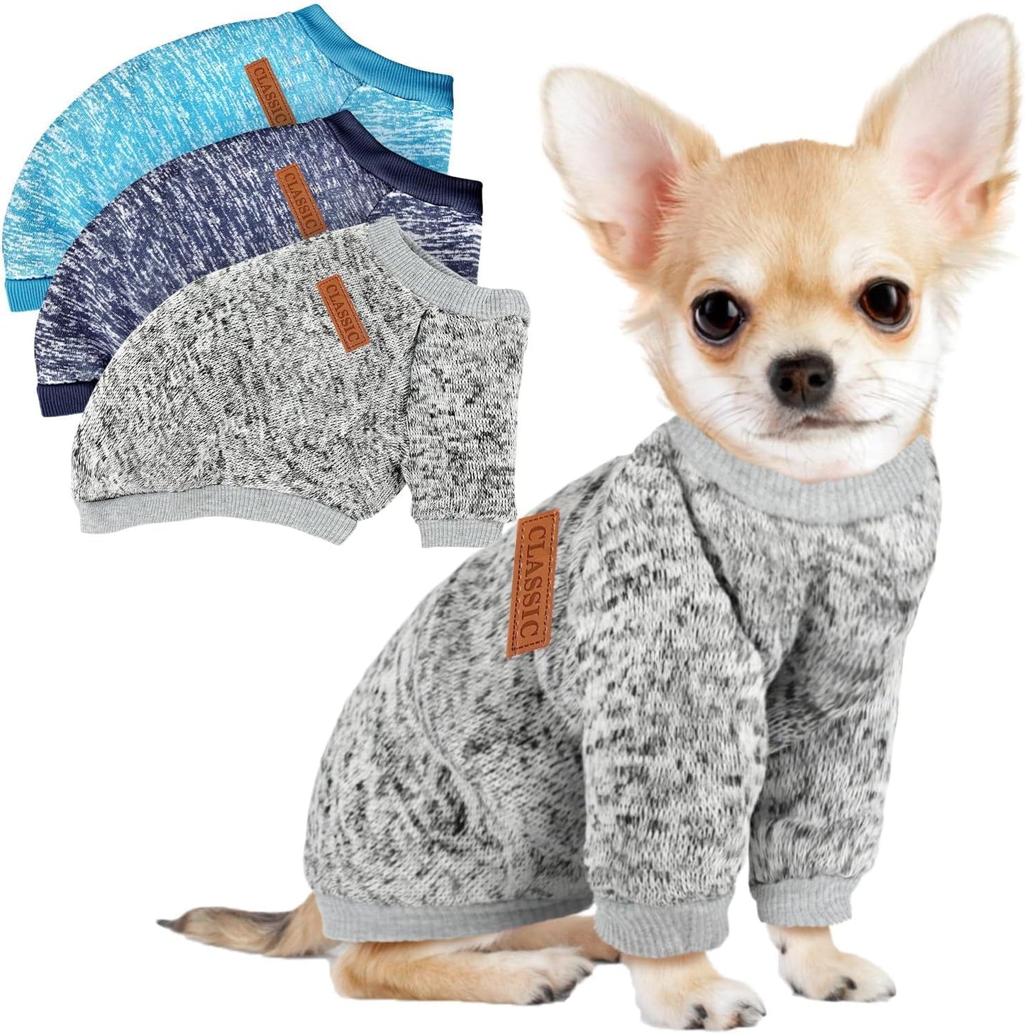 3 Pack Dog Sweaters for Small Dogs - Soft Fleece Winter Clothes for Pets (Navy Blue, Grey & Light Blue)