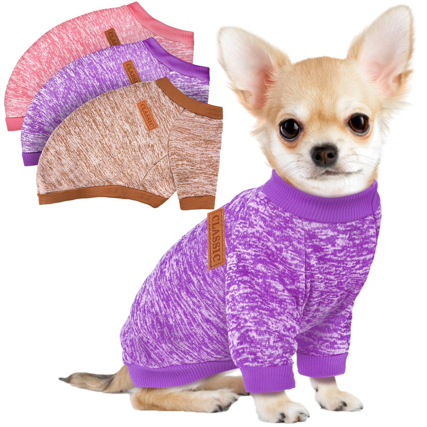 3 Pack Dog Sweaters for Small Dogs - Soft Fleece Winter Clothes for Pets (Navy Blue, Grey & Light Blue)