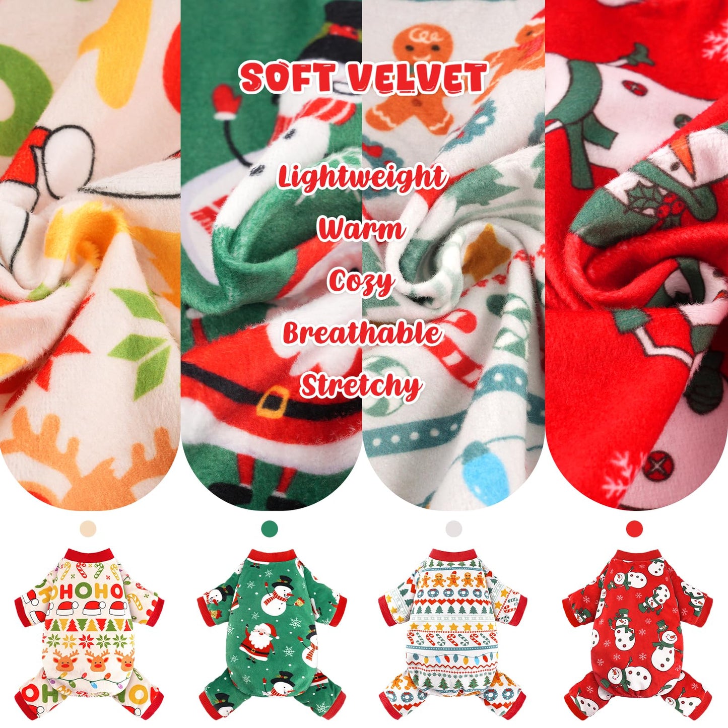 Christmas Dog Pajamas - 4 Pack Soft & Lightweight Recovery Suits for Small Pets