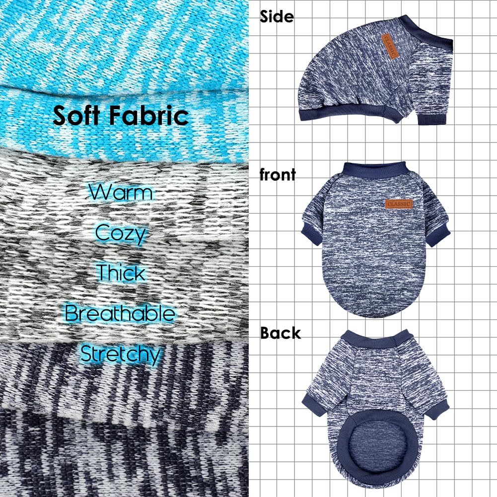 3 Pack Dog Sweaters for Small Dogs - Soft Fleece Winter Clothes for Pets (Navy Blue, Grey & Light Blue)