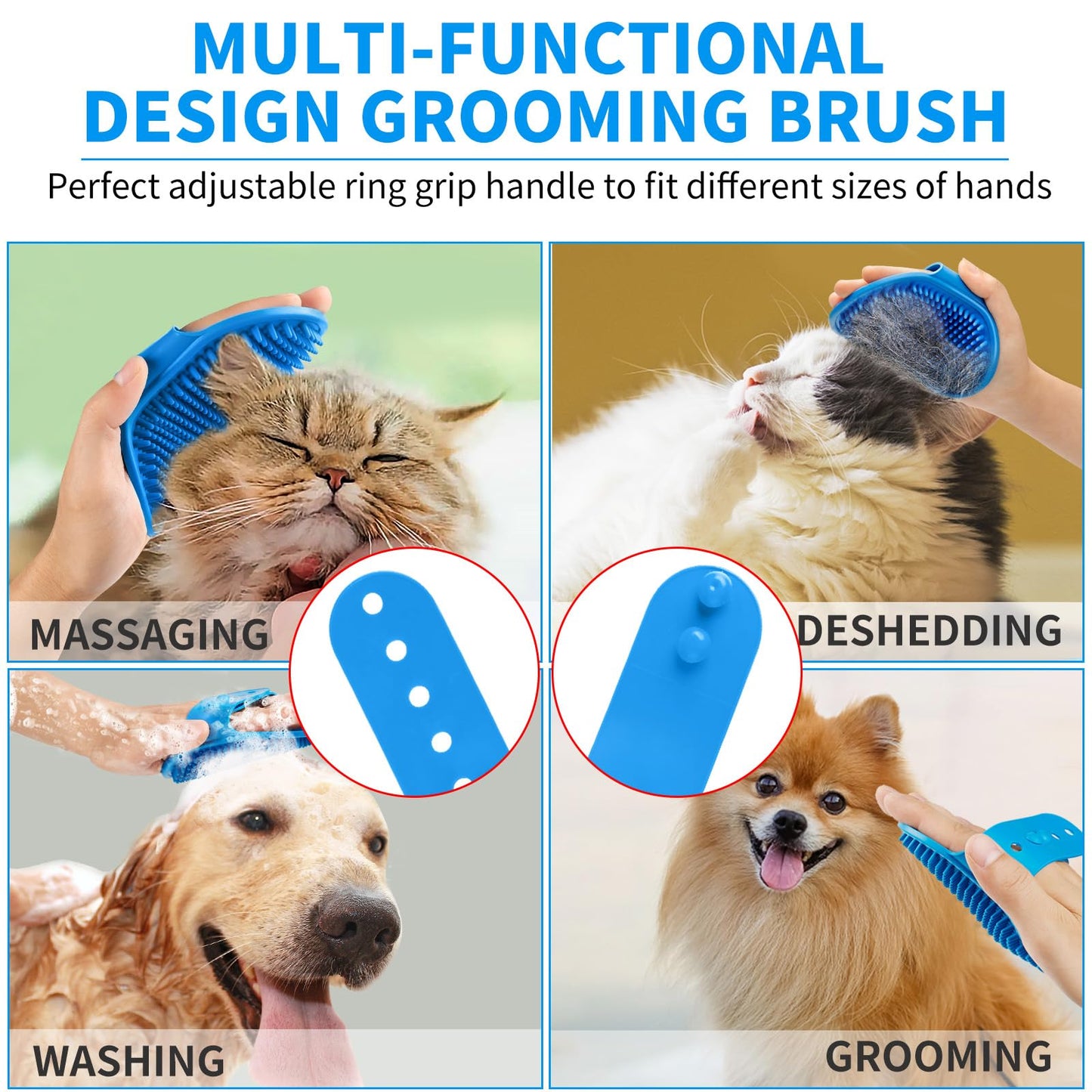 Comotech 3-in-1 Dog Grooming Brush | Adjustable Handle Shampoo Brush & Scrubber for Short & Long Haired Dogs & Cats (Blue, Pink)