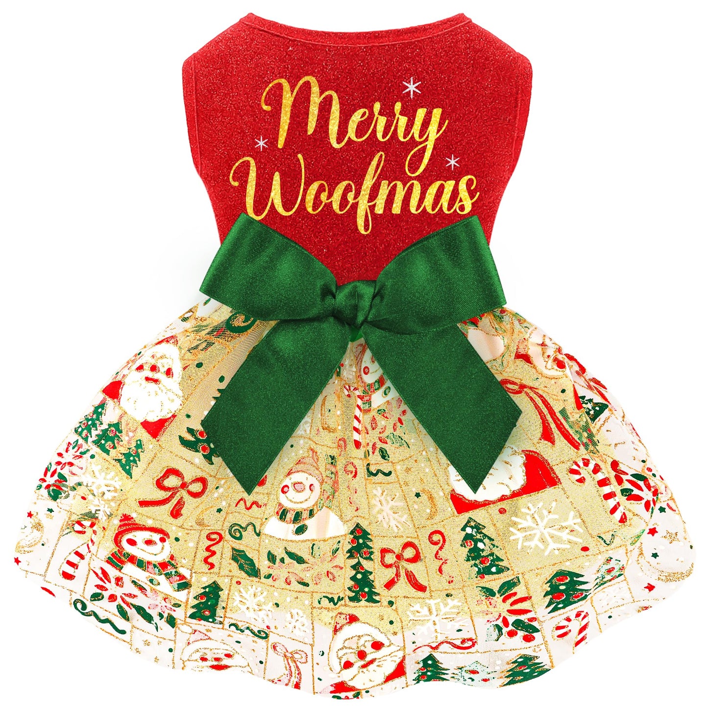 Dog Christmas Outfit - Merry Woofmas Dog Dress with Bowknot Tulle for Small & Medium Dogs